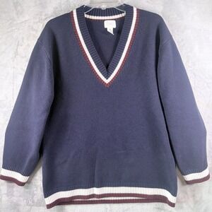 H&M Navy Varsity V Neck Sweater Womens Large Tennis Preppy Knit
